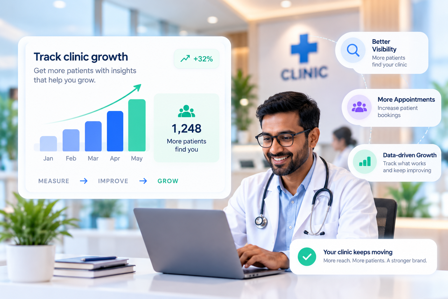 Clinic growth analytics dashboard showing visibility, appointments, and data-driven growth