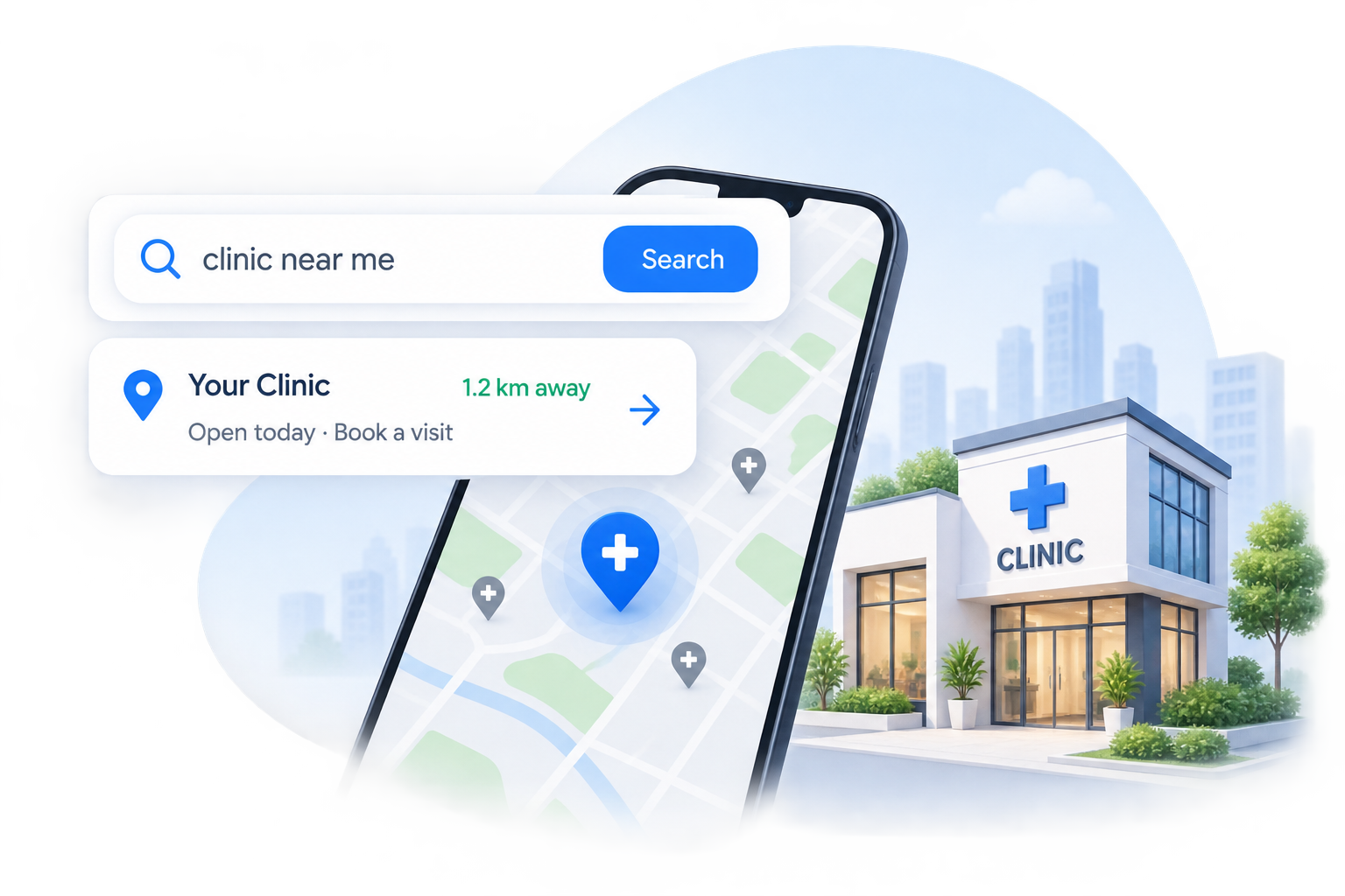 Clinic search dashboard showing a nearby clinic on a map