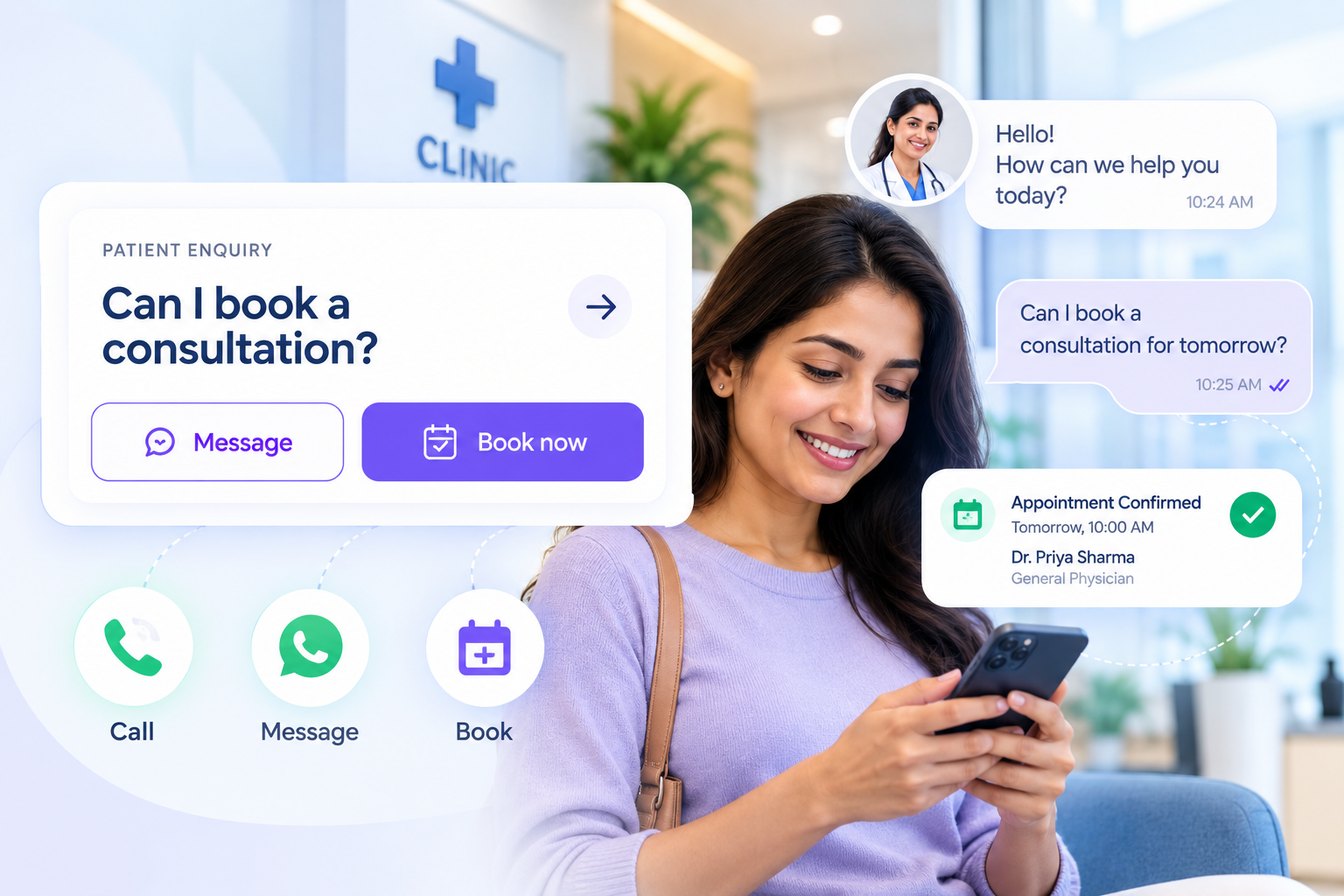 Patient enquiry turning into a call, message, or clinic booking