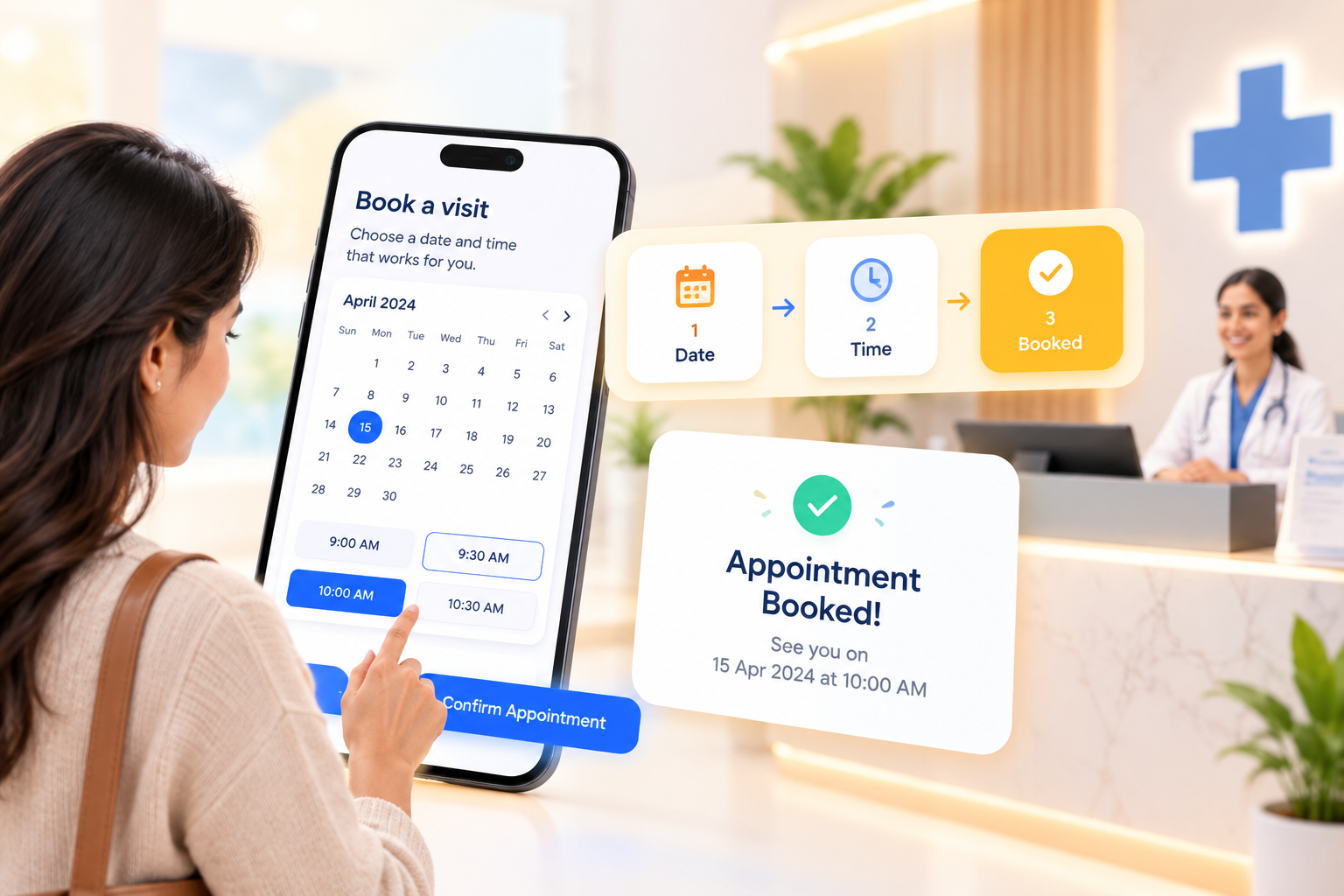 Patient booking a clinic appointment by choosing a date and time