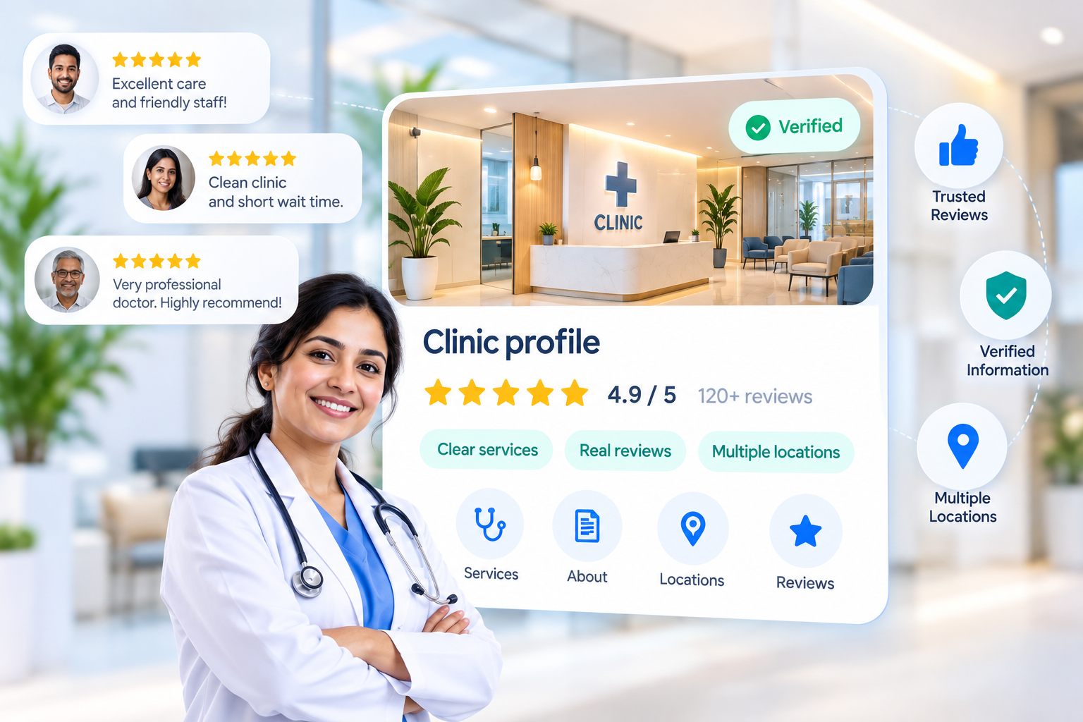 Verified clinic profile with positive patient reviews